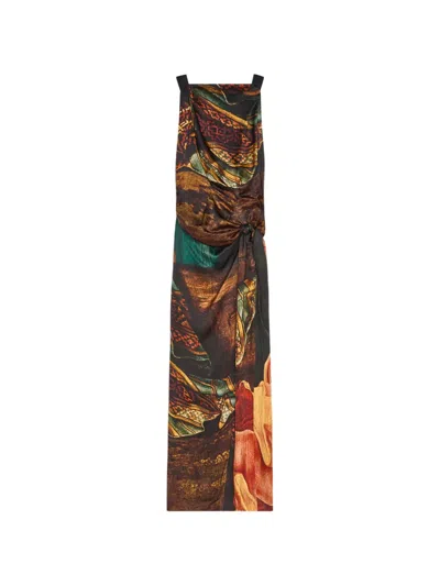 Dries Van Noten Long Draped Satin Dress In Multi