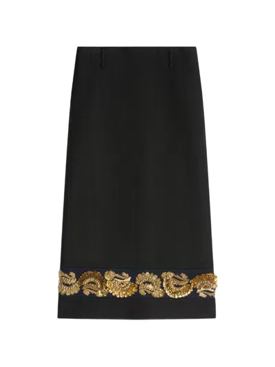 Dries Van Noten Long Embroidered Wool Skirt In Black