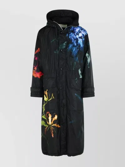 DRIES VAN NOTEN LONG FLORAL PATTERN HOOD SIDE POCKETS COAT