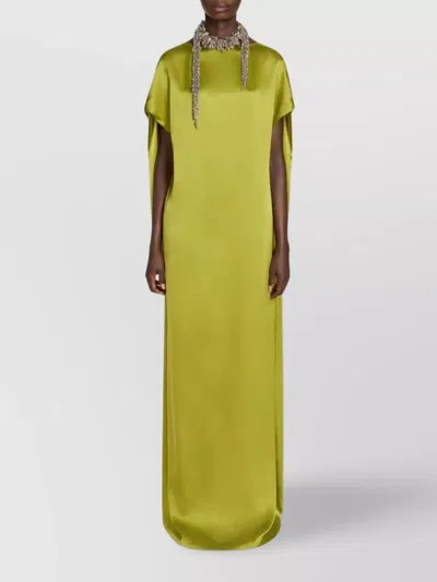 Dries Van Noten Long Silk Dress Cape Sleeves In Green