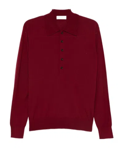 Dries Van Noten Long-sleeved Knitted Polo Shirt In Burgundy