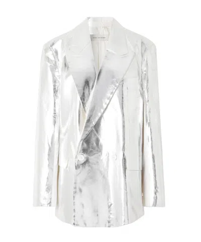 Dries Van Noten Double-breasted Metallic Coated-cotton Blazer In White
