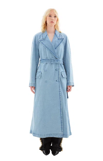 Dries Van Noten Double-breasted Belted Denim Coat In Light Blue