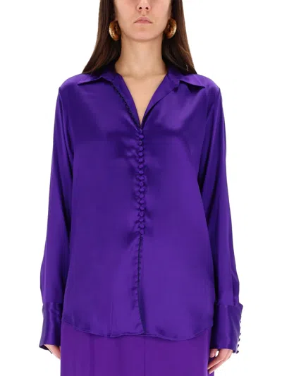 Dries Van Noten Lustrous Deep V-neck Silk Shirt In Purple