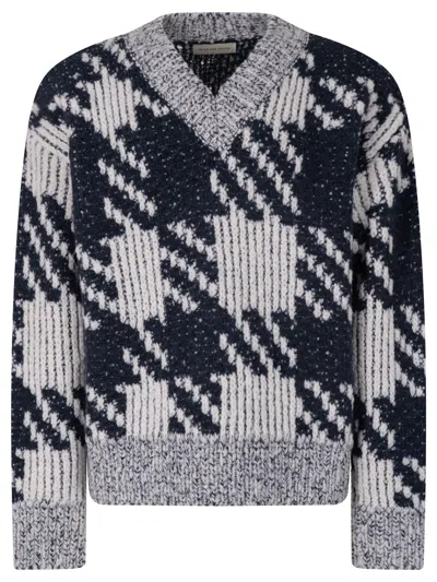 Dries Van Noten Chunky Knit V Neck Sweater With Textured Pattern In Blue