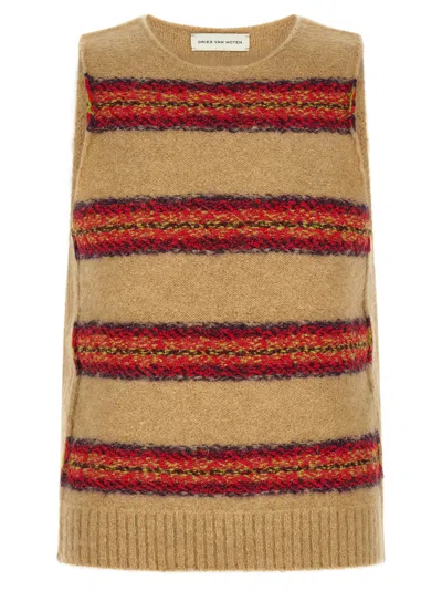 Dries Van Noten Beige Alpaca Blend Vest With Horizontal Stripe Pattern In Neutral