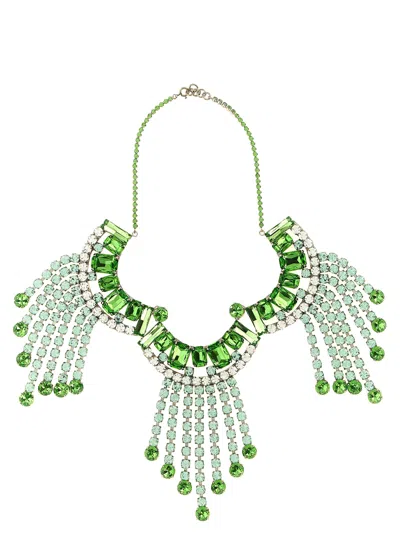 Dries Van Noten Maxi Rhinestone Necklace Geometric Fringe Design In Green