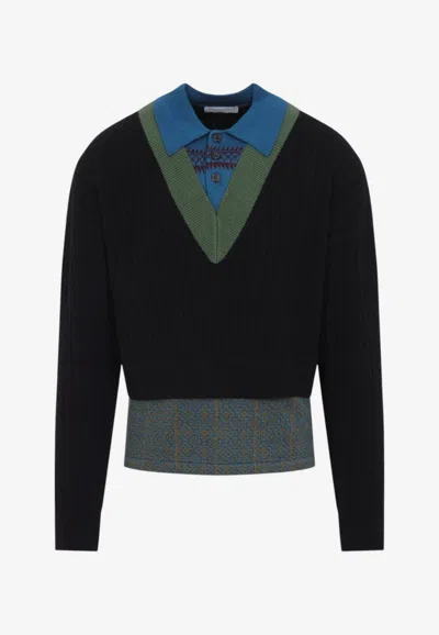Dries Van Noten Medan Cable Knit Layered Polo Sweater In Black