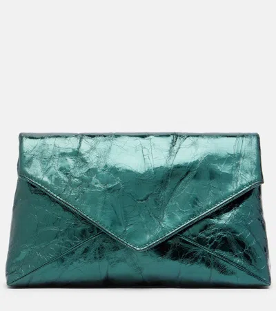 Dries Van Noten Medium Metallic Leather Clutch In Green