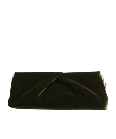 Dries Van Noten Medium Pleated-detail Velvet Clutch Bag In Green