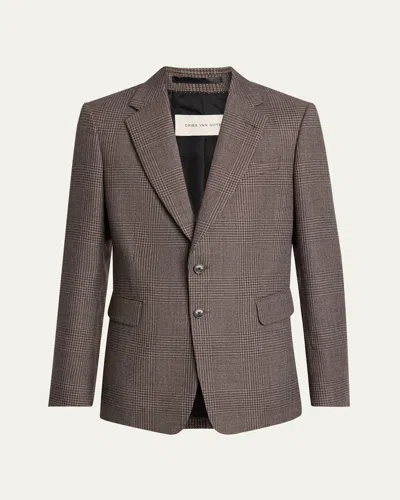 Dries Van Noten Men's Blaine Slim-fit Glen Plaid Jacket In Brown