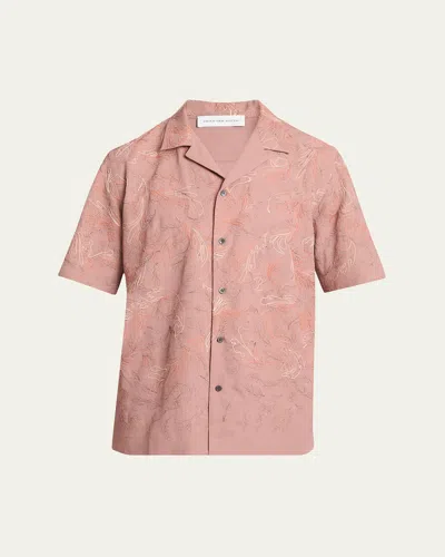 Dries Van Noten Men's Carltone Embroidered Camp Shirt In Peach