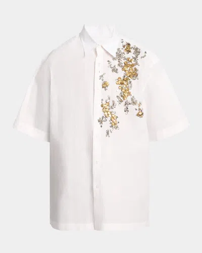 Dries Van Noten Men's Cassidye Embellished Sport Shirt In White