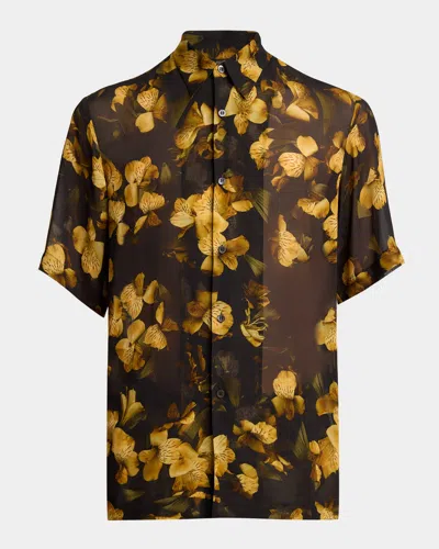 Dries Van Noten Men's Clasen Floral Viscose Short-sleeve Shirt In Brown