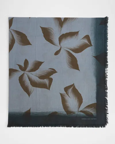 Dries Van Noten Men's Cotton Suminagashi Petals Scarf In Steel