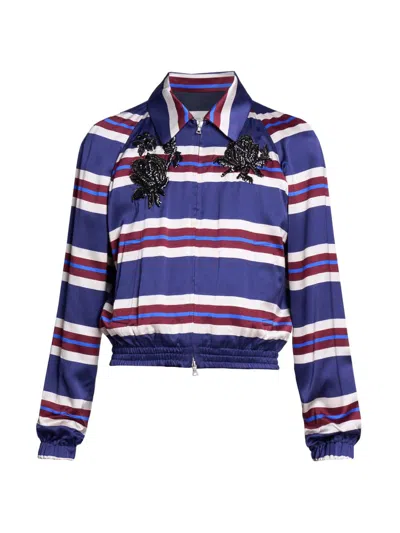 Dries Van Noten Men's Embellished Striped Satin Jacket In Blue