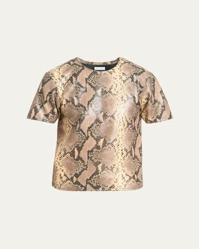 Dries Van Noten Men's Lato Snake-embossed Leather T-shirt In Beige