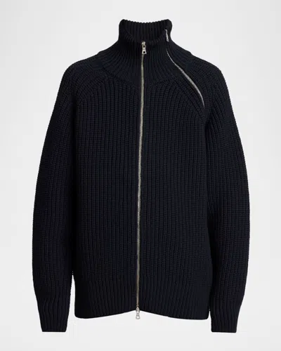 Dries Van Noten Men's Monty Wool Rib Assymetric-zip Turtleneck Sweater In Black