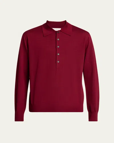 Dries Van Noten Men's Muano Wool Knit Long-sleeve Polo Sweater In Burgundy