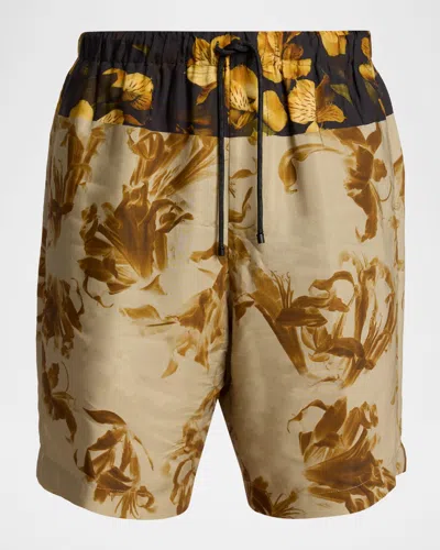 Dries Van Noten Men's Piperi Floral-print Shorts In Brown