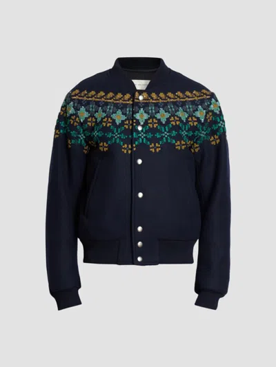 Dries Van Noten Men's Valtor Wool-blend Intarsia-knit Bomber Jacket In Blue