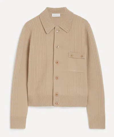 Dries Van Noten Mens Beige Ribbed Wool Cardigan In Sand