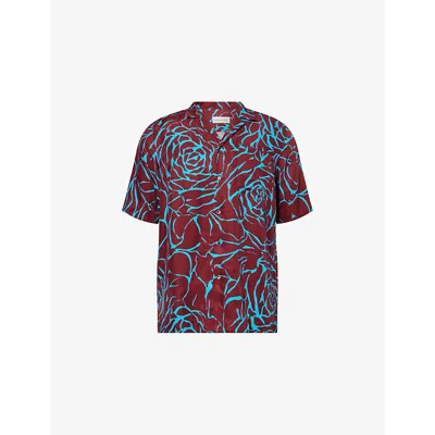 Dries Van Noten Mens Burgundy Printed Camp-collar Woven Shirt In Multi
