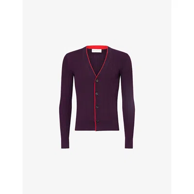 Dries Van Noten Mens Dark Purple Mocassin Rib-knit Merino Wool Cardigan Xl