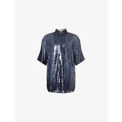 Dries Van Noten Mens Navy Sequin-embellished Short-sleeves Woven Shirt