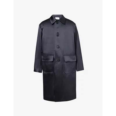 Dries Van Noten Mens Navy Two-flap-pockets Satin Relaxed-fit Stretch-woven Blend Coat