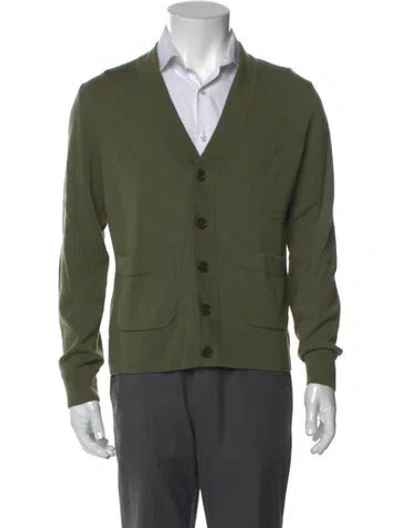 Pre-owned Dries Van Noten Merino Wool V-neck Cardigan In Green