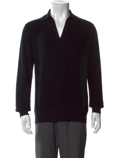 Pre-owned Dries Van Noten Merino Wool V-neck Polo Sweater In Black