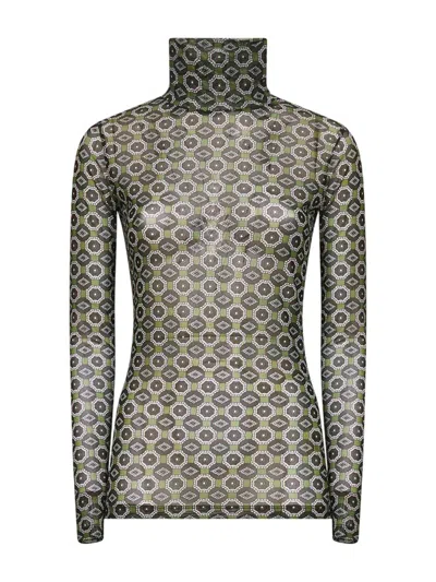Dries Van Noten High Neck Mesh Top With Mini Tie Print In Green