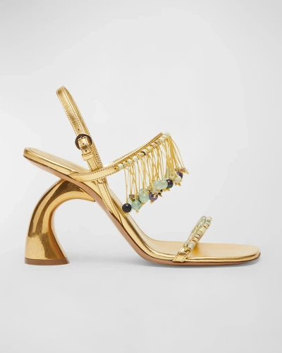 Dries Van Noten Metallic Beaded Fringe Slingback Sandals In Gold