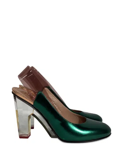 Pre-owned Dries Van Noten Metallic-effect Heeled Pumps In Green