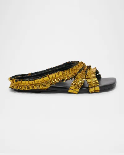 Dries Van Noten Metallic Ruche Ruffled Leather Flat Sandals In Gold