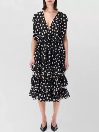 Dries Van Noten Midi Polka Dot Sleeveless Tiered V Neck Dress In Black