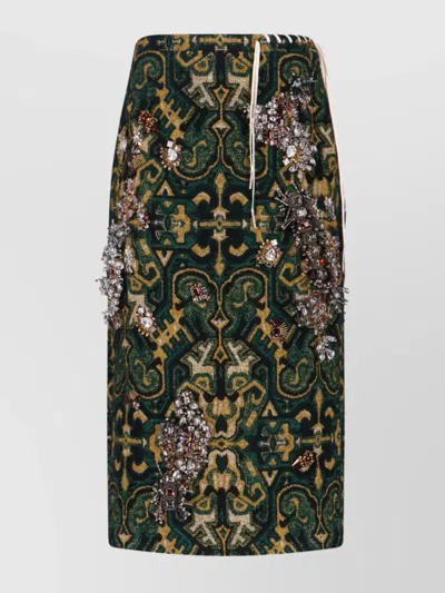 Dries Van Noten Midi Skirt With Embellished Design And Side Slit In Brown