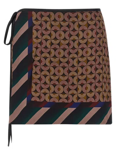 Dries Van Noten Mini Skirt In Patterned Viscose And Silk Blend In Brown