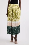 Dries Van Noten Womens Khaki Abstract-print Pleated Woven Maxi Skirt