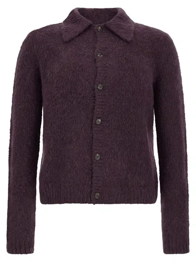 Dries Van Noten Polo-style Cardigan In Alpaca And Merino Wool Blend In Blue