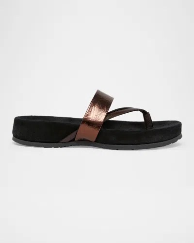 Dries Van Noten Mosaicon Metallic Leather Flat Thong Sandals In Brown