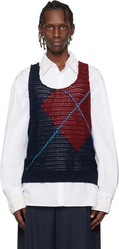 Dries Van Noten Navy & Burgundy Argyle Tank Top In Blue