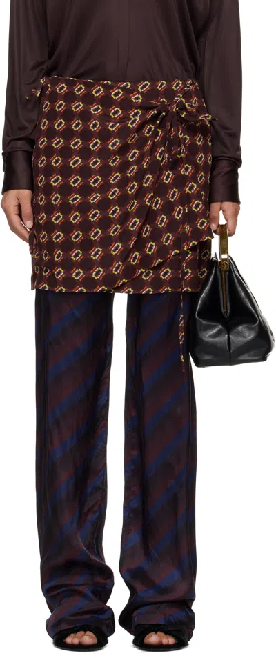 Dries Van Noten Navy & Burgundy Printed Skirt Trousers In Multi