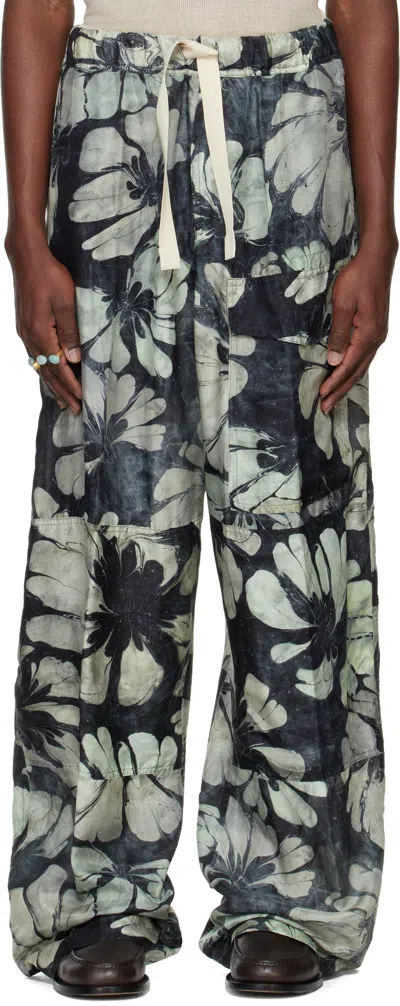Dries Van Noten Navy & Green Silk Drawstring Cargo Pants In Green 604