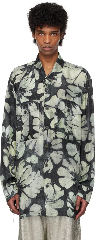 Dries Van Noten Navy & Green Silk Shirt In 604 Green