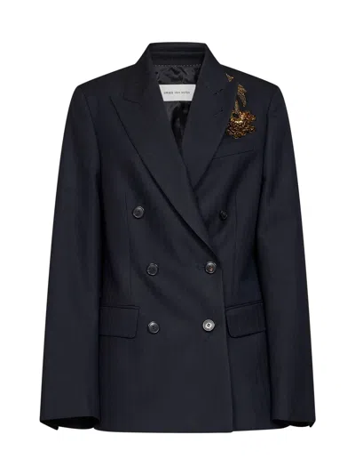 Dries Van Noten Navy Blue Chevron Wool Barrysta Embroidered Blazer In Brown