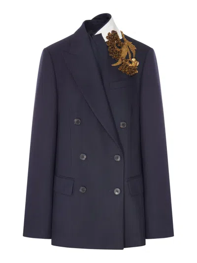 Dries Van Noten Navy Blue Double-breasted Blazer With Jewel Applique In White