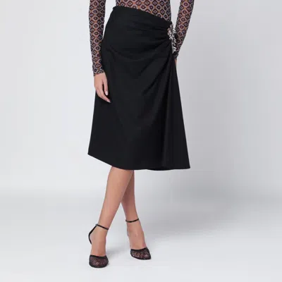 Dries Van Noten Navy Blue Draped Skirt With Brooch In Black