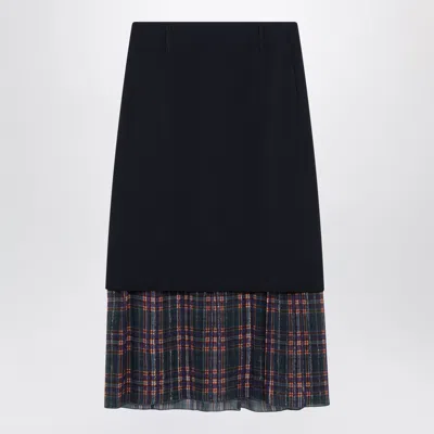 Dries Van Noten Navy Blue Midi Skirt With Check Insert In White